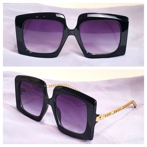 Black Square Oversized Retro High Fashion Sunglasses Chain Metal Side Funky Hot